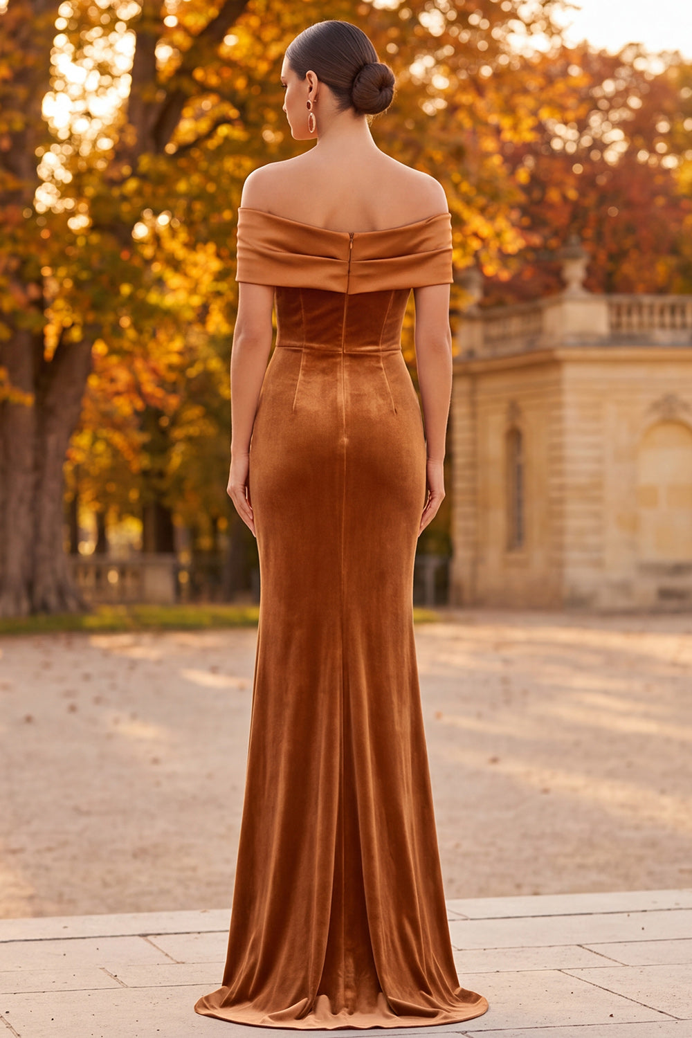 Brown Velvet Mermaid Off the Shoulder Long Holiday Party Dress with 3D Flower