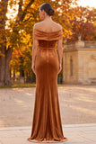 Brown Velvet Mermaid Off the Shoulder Long Holiday Party Dress with 3D Flower