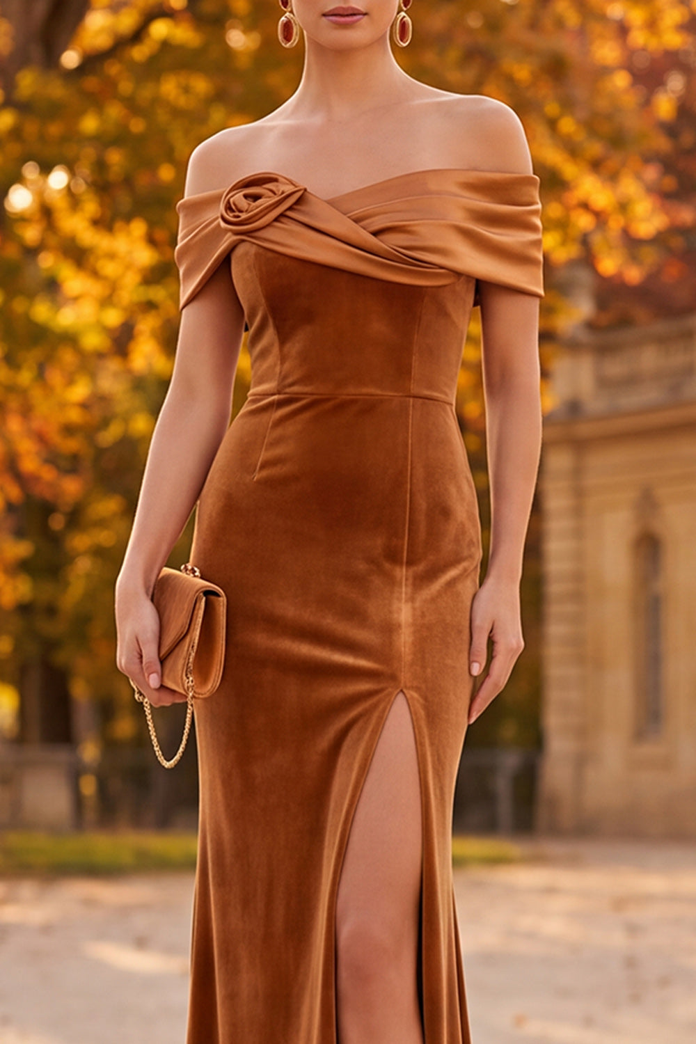 Brown Velvet Mermaid Off the Shoulder Long Holiday Party Dress with 3D Flower