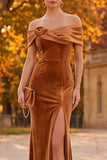 Brown Velvet Mermaid Off the Shoulder Long Holiday Party Dress with 3D Flower