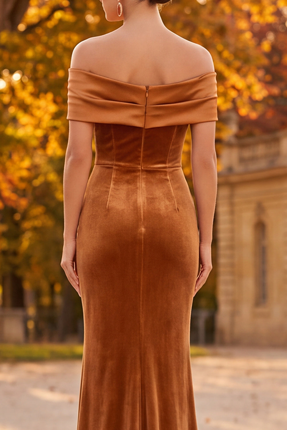 Brown Velvet Mermaid Off the Shoulder Long Holiday Party Dress with 3D Flower