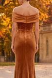 Brown Velvet Mermaid Off the Shoulder Long Holiday Party Dress with 3D Flower