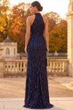 Sparkly Sequin Fringed Navy Sheath Halter Long Formal Dress