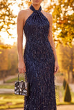 Sparkly Sequin Fringed Navy Sheath Halter Long Formal Dress