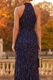Sparkly Sequin Fringed Navy Sheath Halter Long Formal Dress