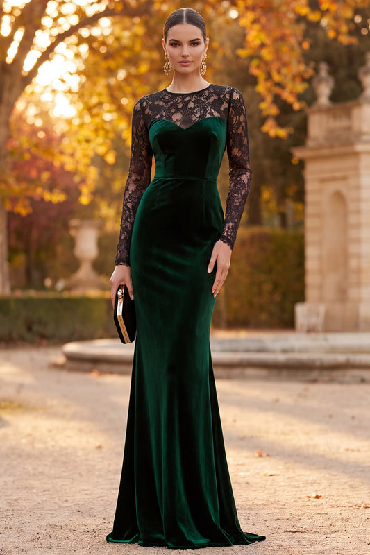 Dark Green Velvet Mermaid Illusion Round Neck Long Sleeves Holiday Party Dress
