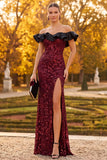 Sparkly Burgundy Mermaid Ruffled Sequins Long Formal Dress with Slit