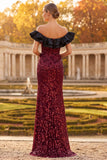 Sparkly Burgundy Mermaid Ruffled Sequins Long Formal Dress with Slit