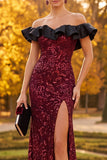 Sparkly Burgundy Mermaid Ruffled Sequins Long Formal Dress with Slit