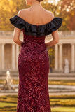 Sparkly Burgundy Mermaid Ruffled Sequins Long Formal Dress with Slit