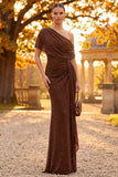 Sparkly Coffee Ruched Sheath One Shoulder Long Formal Dress with Sash