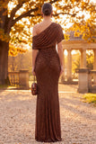 Sparkly Coffee Ruched Sheath One Shoulder Long Formal Dress with Sash