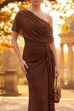 Sparkly Coffee Ruched Sheath One Shoulder Long Formal Dress with Sash