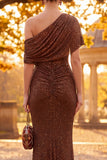 Sparkly Coffee Ruched Sheath One Shoulder Long Formal Dress with Sash