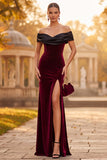 Simple Burgundy Velvet Off the Shoulder Long Holiday Party Dress with Slit