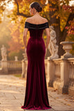 Simple Burgundy Velvet Off the Shoulder Long Holiday Party Dress with Slit
