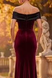 Simple Burgundy Velvet Off the Shoulder Long Holiday Party Dress with Slit