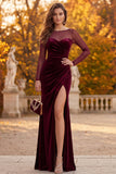 Burgundy Mermaid Ruched Long Sleeves Velvet Holiday Dress with Slit