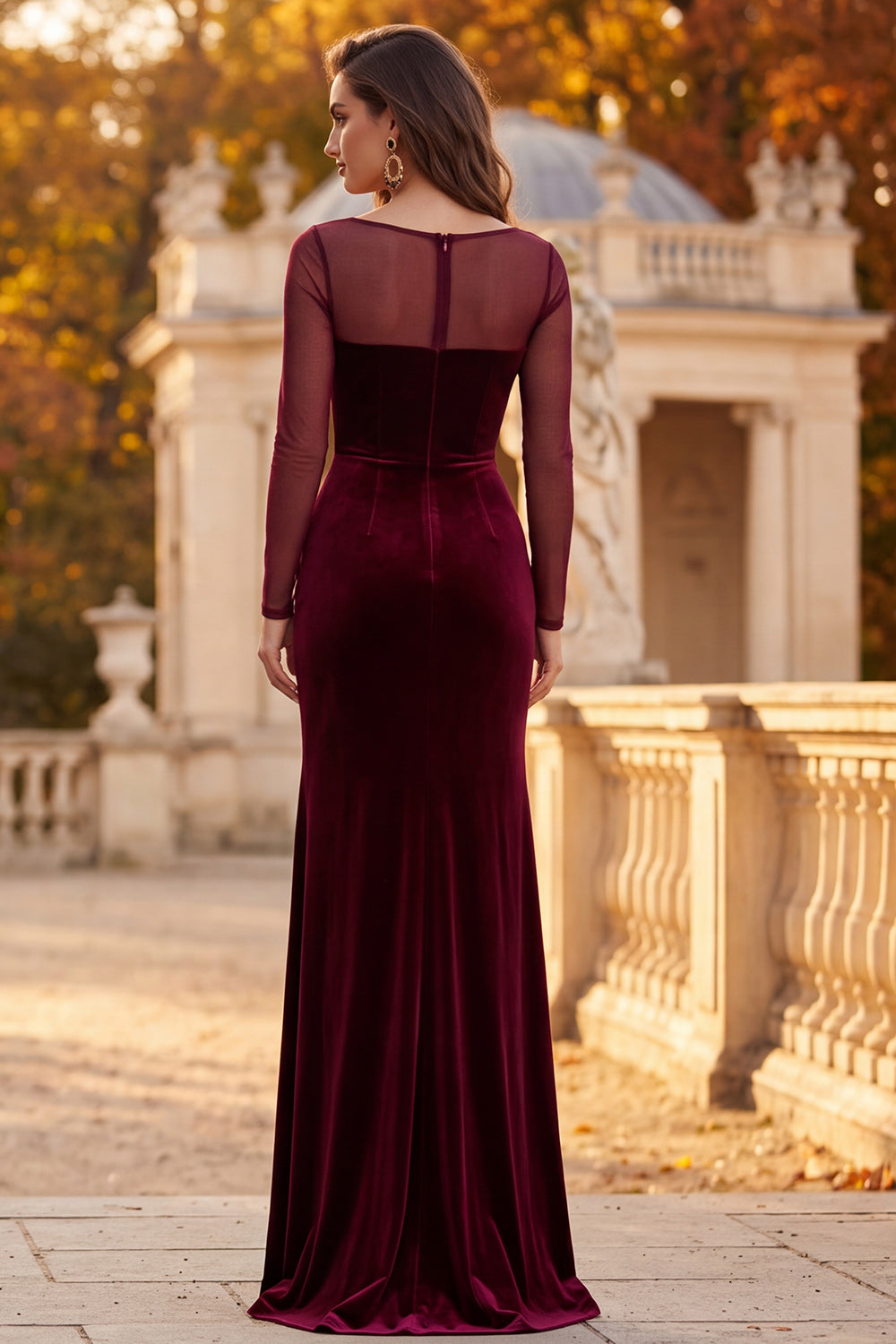 Burgundy Mermaid Ruched Long Sleeves Velvet Holiday Dress with Slit