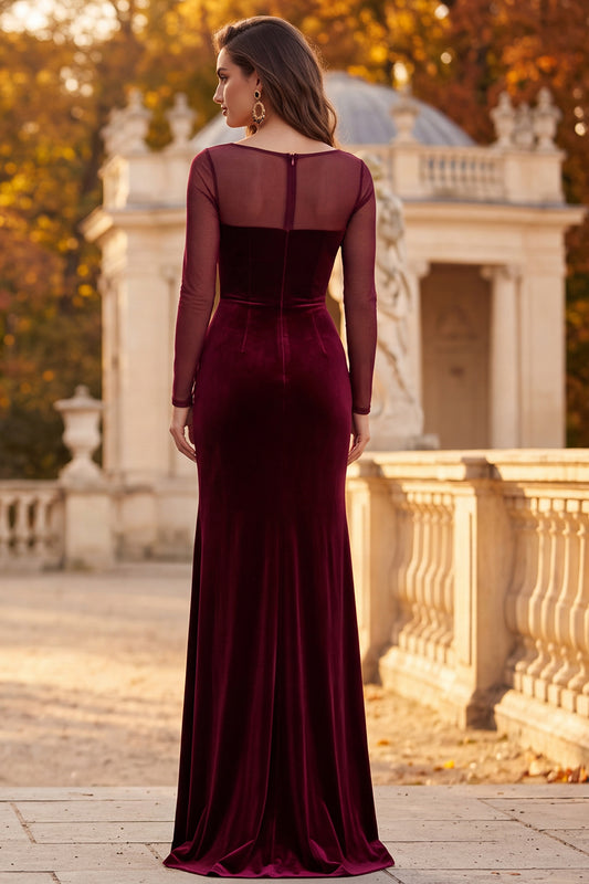 Burgundy Mermaid Ruched Long Sleeves Velvet Holiday Dress with Slit