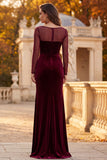 Burgundy Mermaid Ruched Long Sleeves Velvet Holiday Dress with Slit