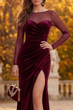 Burgundy Mermaid Ruched Long Sleeves Velvet Holiday Dress with Slit