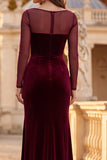 Burgundy Mermaid Ruched Long Sleeves Velvet Holiday Dress with Slit