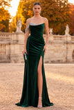 Dark Green Mermaid Beaded Ruched Long Velvet Holiday Dress with Slit