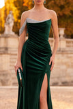 Dark Green Mermaid Beaded Ruched Long Velvet Holiday Dress with Slit