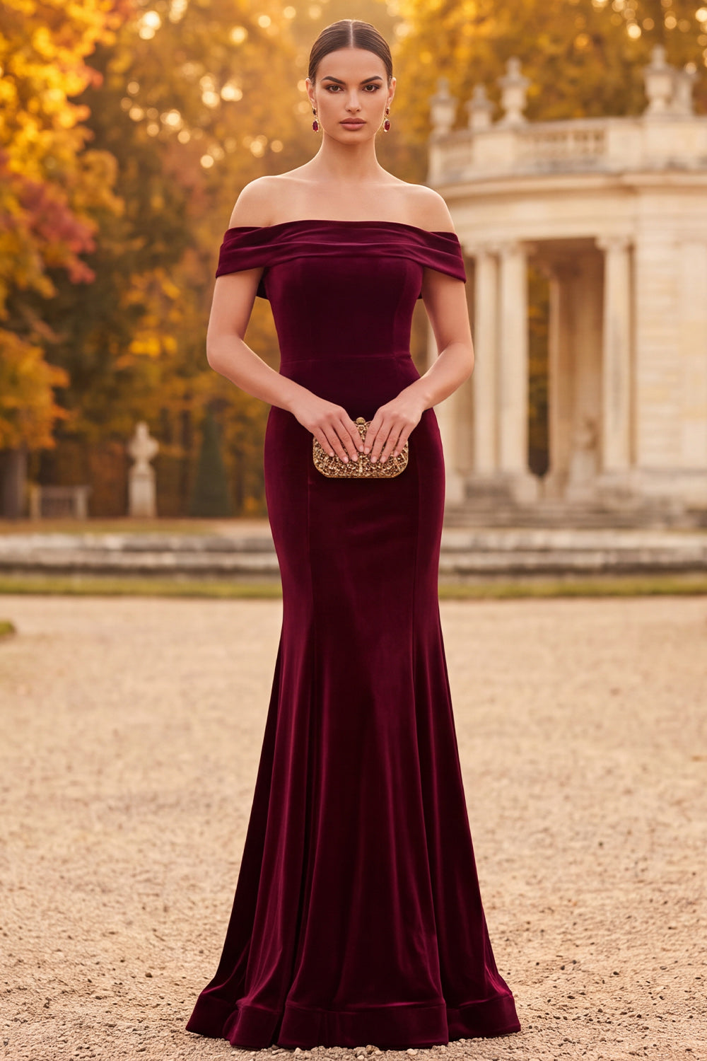Burgundy Mermaid Off the Shoulder Long Velvet Holiday Dress