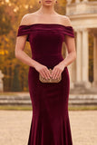 Burgundy Mermaid Off the Shoulder Long Velvet Holiday Dress