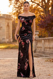 Black Off the Shoulder Floral Ruched Long Velvet Holiday Dress with Slit