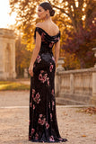 Black Off the Shoulder Floral Ruched Long Velvet Holiday Dress with Slit