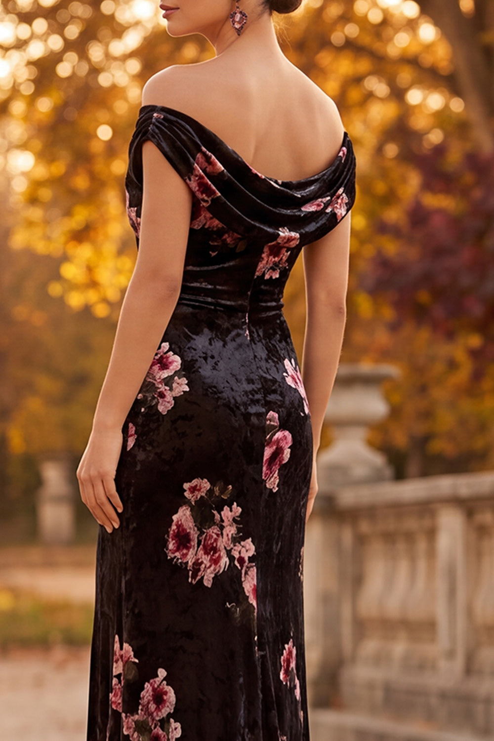Black Off the Shoulder Floral Ruched Long Velvet Holiday Dress with Slit