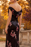Black Off the Shoulder Floral Ruched Long Velvet Holiday Dress with Slit