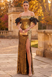 Sparkly Golden Mermaid Off the Shoulder Sequins Long Formal Dress with Slit