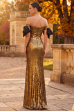 Sparkly Golden Mermaid Off the Shoulder Sequins Long Formal Dress with Slit
