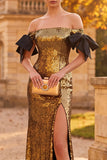 Sparkly Golden Mermaid Off the Shoulder Sequins Long Formal Dress with Slit