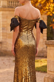 Sparkly Golden Mermaid Off the Shoulder Sequins Long Formal Dress with Slit