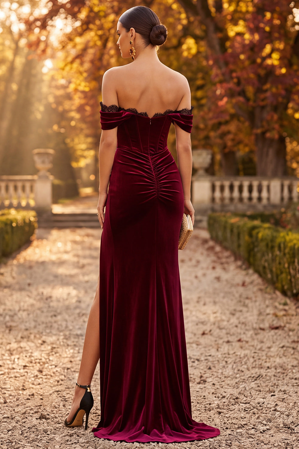 Burgundy Velvet Corset Off the Shoulder Ruched Long Formal Dress with Slit