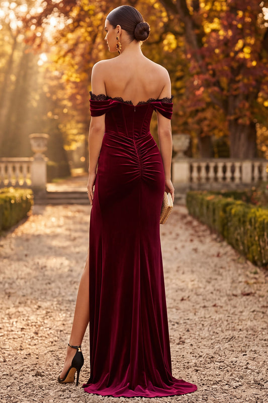 Burgundy Velvet Corset Off the Shoulder Ruched Long Formal Dress with Slit