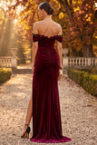 Burgundy Velvet Corset Off the Shoulder Ruched Long Formal Dress with Slit