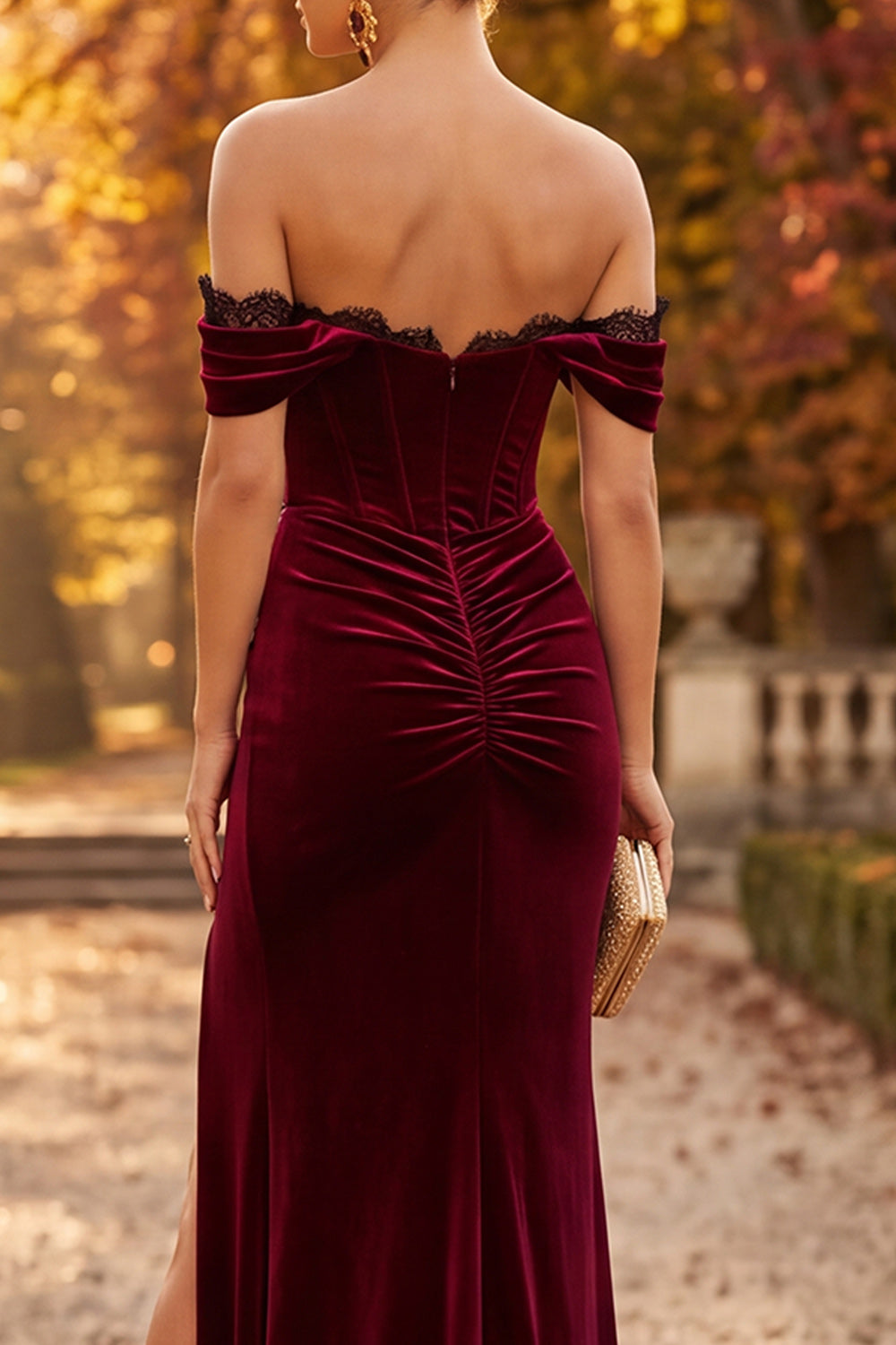 Burgundy Velvet Corset Off the Shoulder Ruched Long Formal Dress with Slit