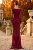 Sparkly Burgundy Mermaid Beaded Ruched Long Sleeves Formal Dress with Slit