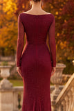 Sparkly Burgundy Mermaid Beaded Ruched Long Sleeves Formal Dress with Slit
