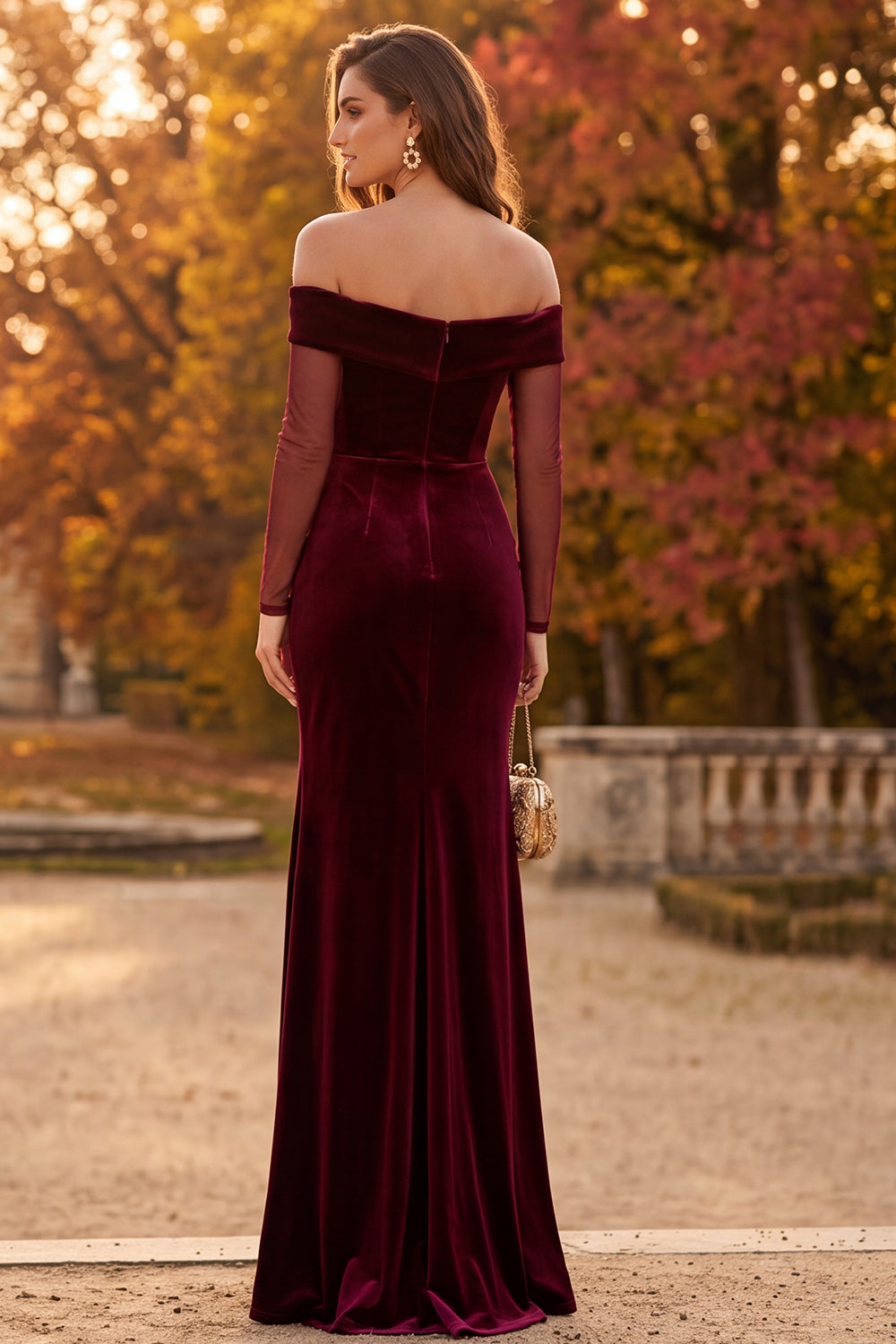 Burgundy Mermaid Ruched Long Sleeves Velvet Formal Dress with Slit