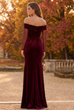 Burgundy Mermaid Ruched Long Sleeves Velvet Formal Dress with Slit