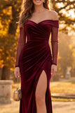 Burgundy Mermaid Ruched Long Sleeves Velvet Formal Dress with Slit