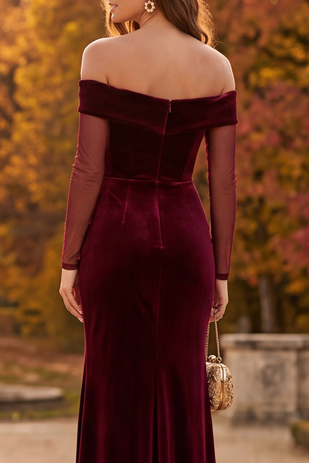 Burgundy Mermaid Ruched Long Sleeves Velvet Formal Dress with Slit