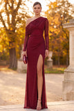 Sparkly Burgundy Beaded Mermaid Ruched Long Sleeves Formal Dress with Slit